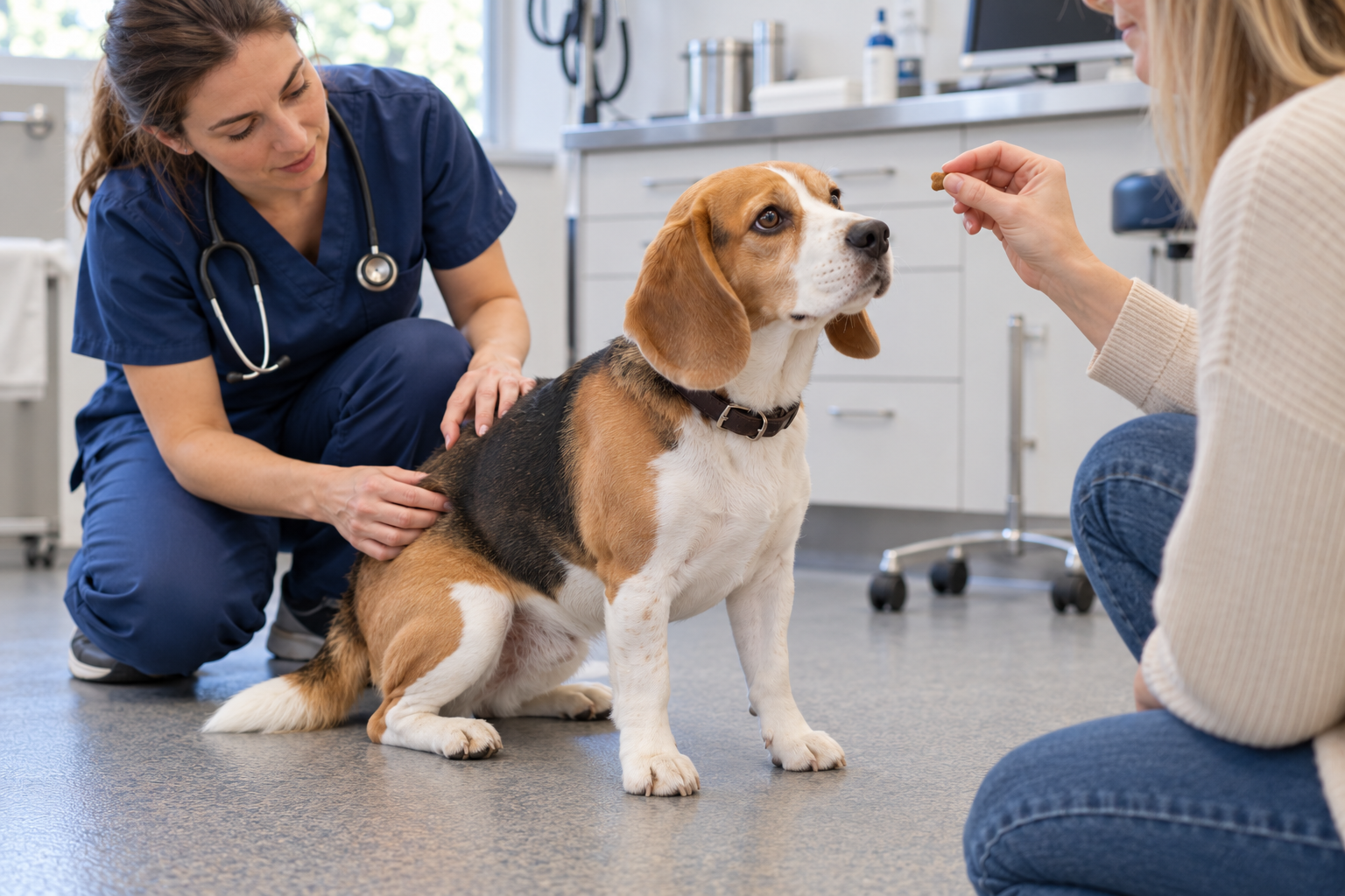 Veterinár šetrne vyšetruje psa s útvarom pri konečníku